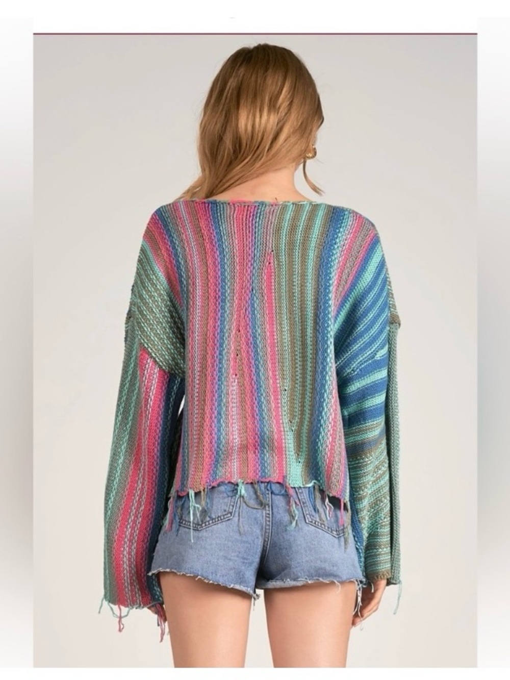 Elan Striped Fringe Knit Sweater in Teal, Coral & Olive - Picture 2 of 8